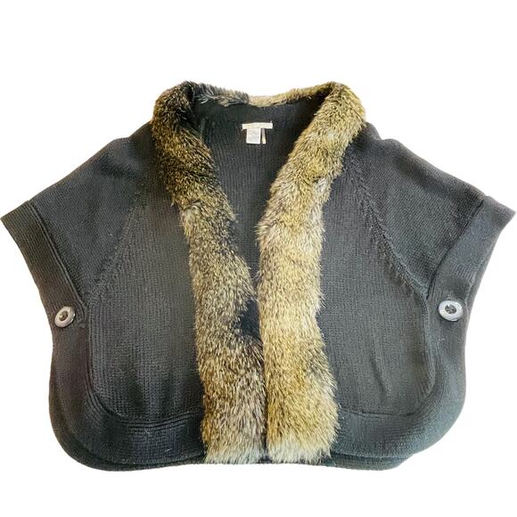 Alberto Makali Black Loose Knit Designer Faux Fur Trim Caplet Sweater Cardigan L - Picture 4 of 13